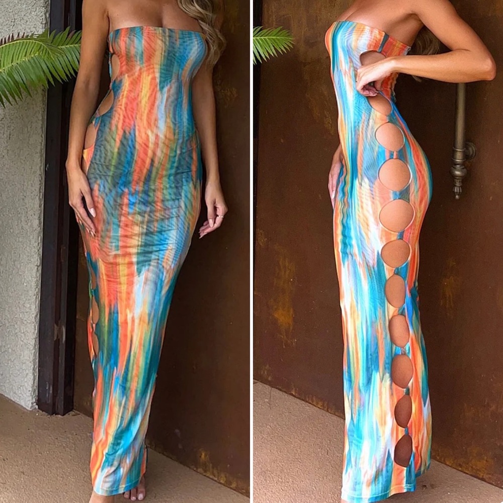 🆕 SisterParty Colorblock Print Side Cutout Maxi Dress